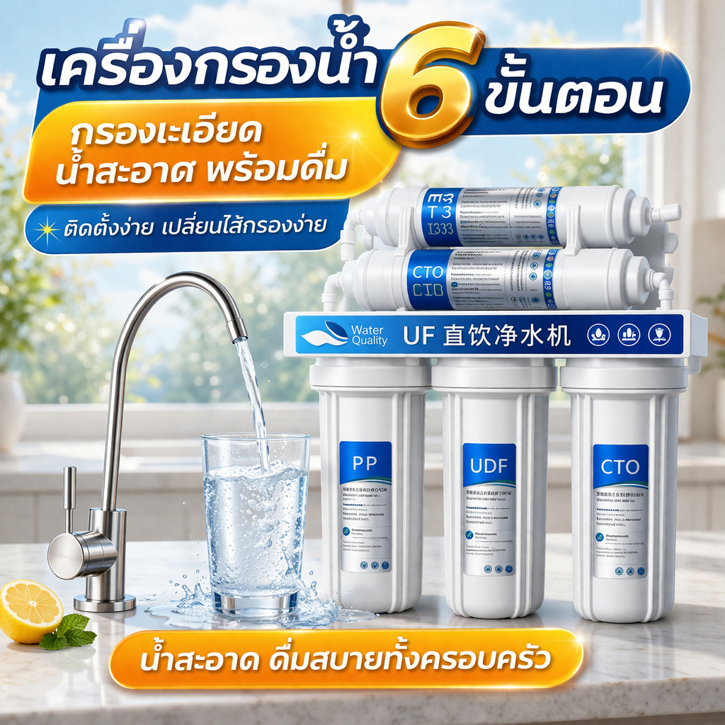 เครื่องกรองน้ำดื่ม 6 ขั้นตอน ระบบ UF กรองละเอียด น้ำสะอาดพร้อมดื่ม ติดตั้งง่าย
