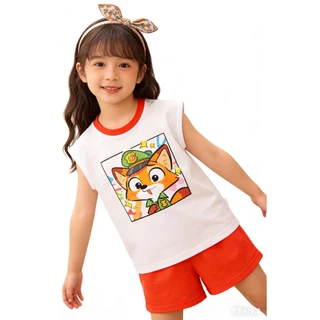 MC230 ชุดเด็กแฟชั่น 2 ชิ้น เสื้อกล้ามแขนกุดลายการ์ตูน + กางเกงขาสั้น