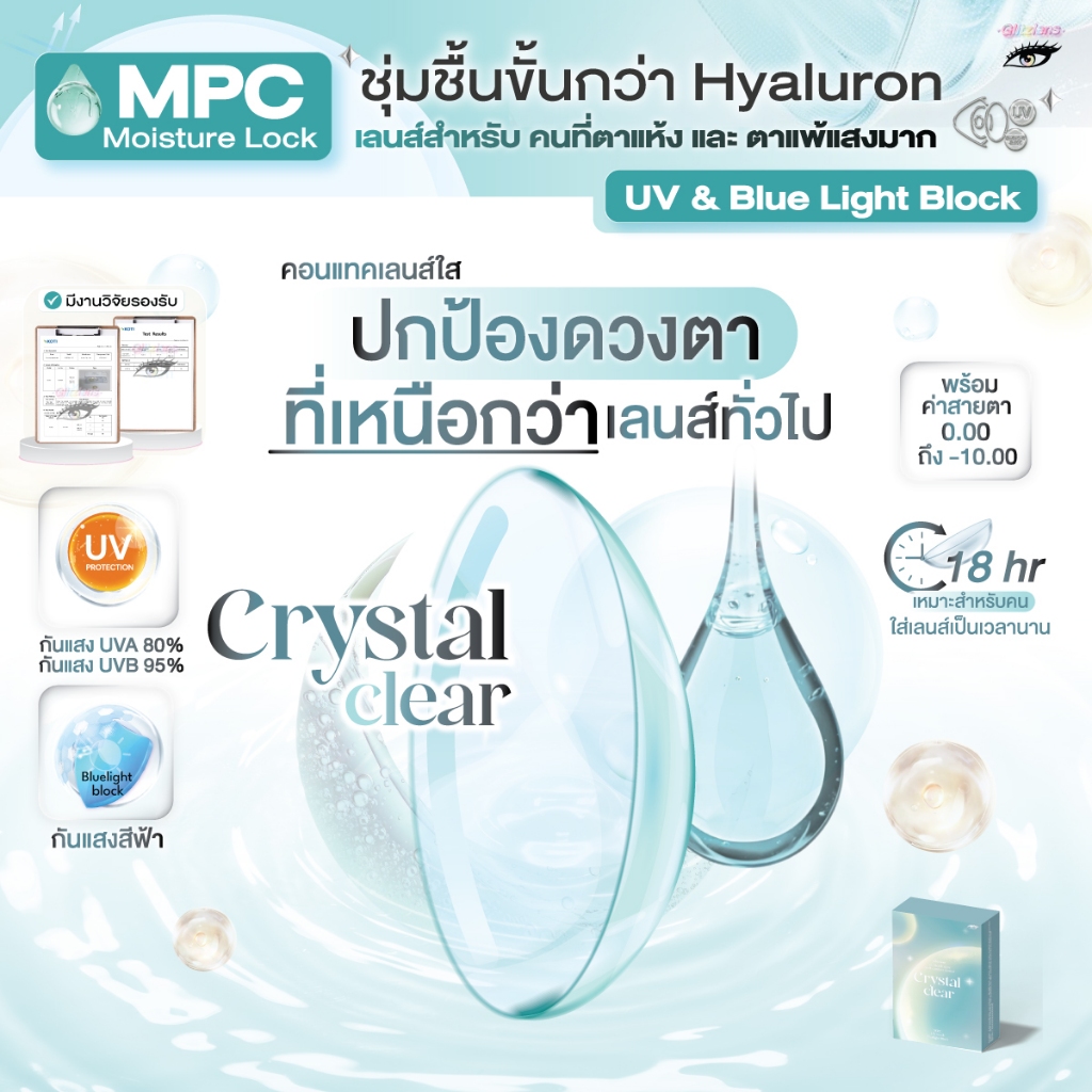 Crystal Clear คอนแทคเลนส์ใสรายเดือน กันแสงสีฟ้า/UV วัสดุ MPC Moisture lock