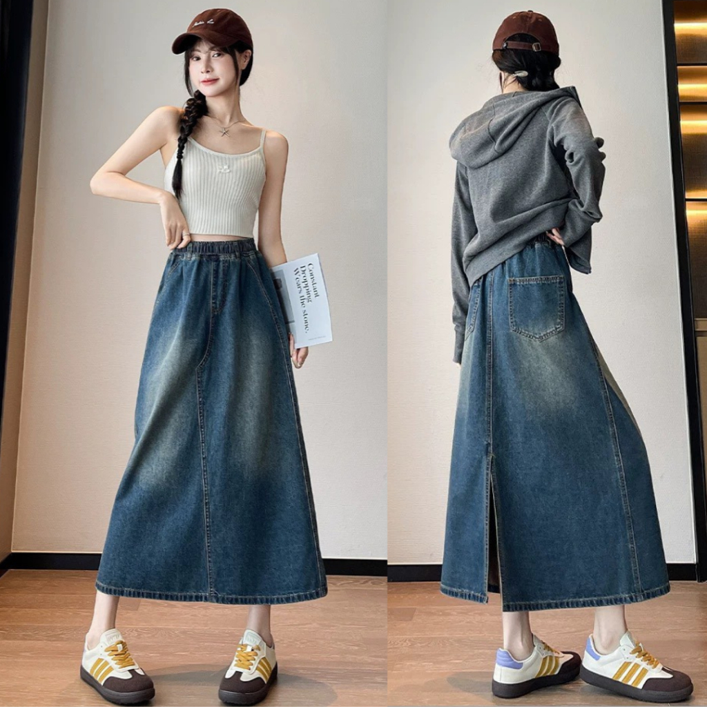 กระโปรงยีนส์ยาว S-10XL เอวสม็อค เอวสูงผ่าหลัง