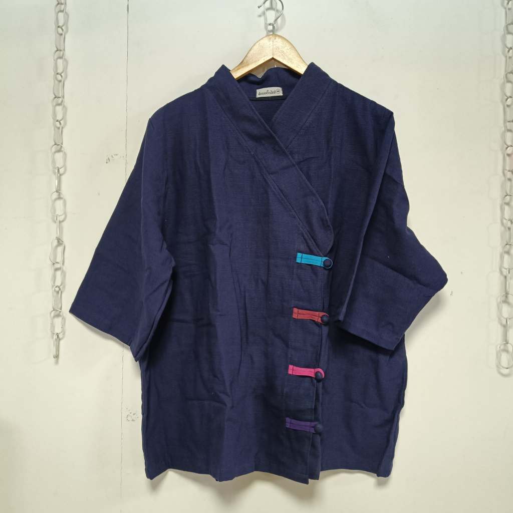 เสื้อคอป้ายแขนสามส่วนสาวอวบใส่ทำงานสวยผ้าฝ้าย
