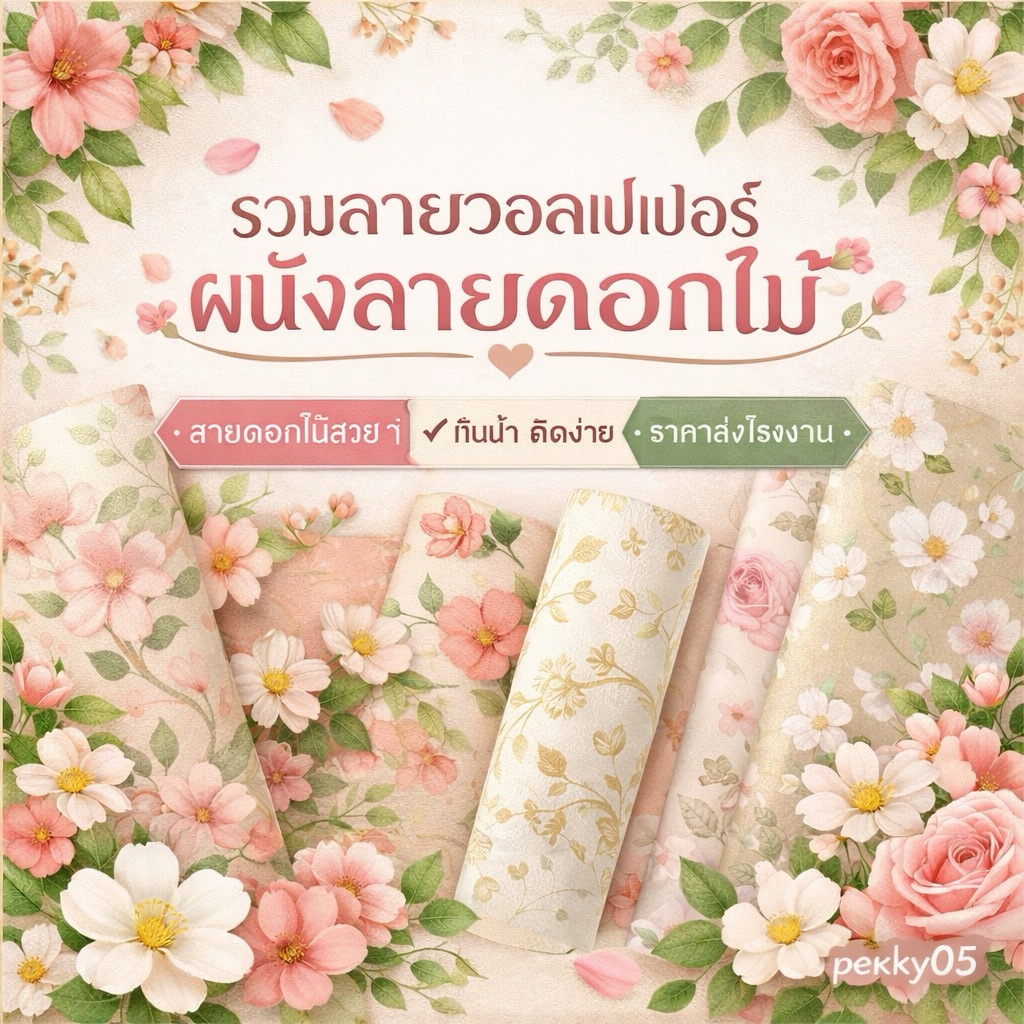วอลเปเปอร์ลายดอกไม้หวานๆ มินิมอล ติดผนังห้องนอน มีกาวในตัว กันน้ำ 45cm*9-10m.