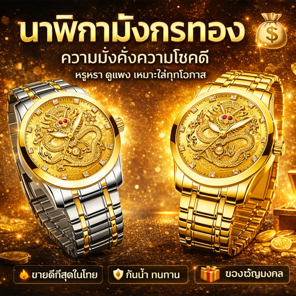 นาฬิกามังกรทอง เสริมดวง เรียกทรัพย์  หรูหราระดับพรีเมียม กันน้ำ ใส่แล้วดูแพง เหมาะทุกโอกาส ของขวัญสุดพิเศษ