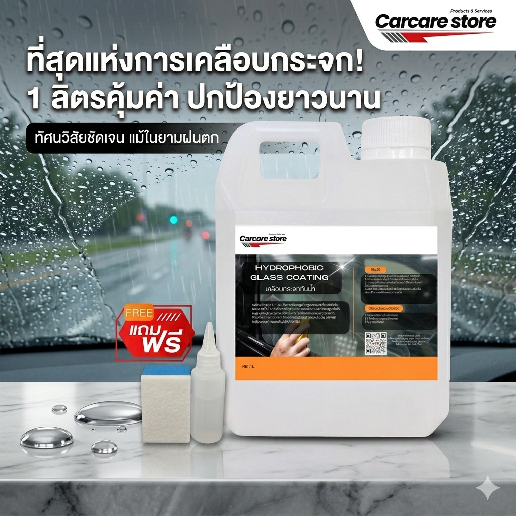 น้ำยาเคลือบกระจกกันน้ำ Hydrophobic (1 ลิตร) แถมฟองน้ำ แถมขวดหยด แถมผ้า