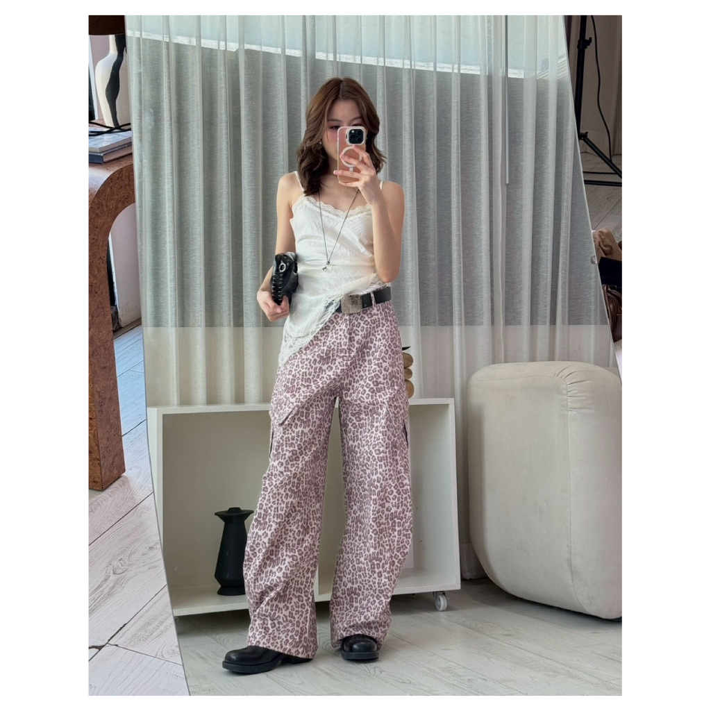 🌟 กางเกงขายาวทรง Baggy  ลาย Leopard P26008 #3 (ng)🌟