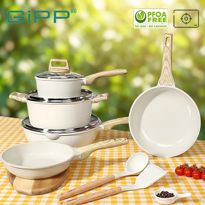GIPP ชุดเครื่องครัวเซรามิค กระทะเคลือบหินอ่อน10ชิ้น กระทะเคลือบเทฟลอน เหมาะสําหรับ1-10คน ใช้กับเตาทุกประเภท เคลือบสุขภาพ