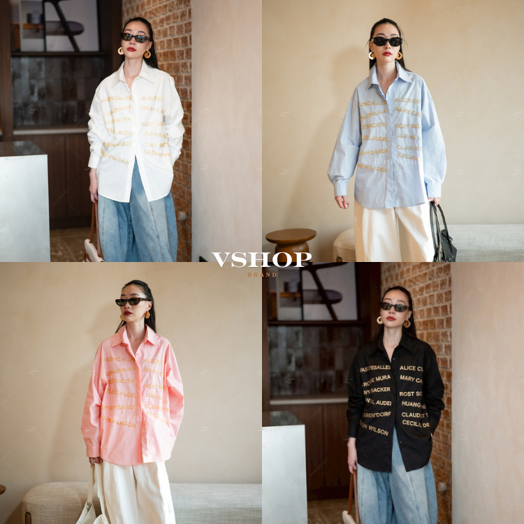 พร้อมส่ง เสื้อเชิ้ตแต่งปักลูกปัดอังกฤษหน้า งานป้ายvshopbrand