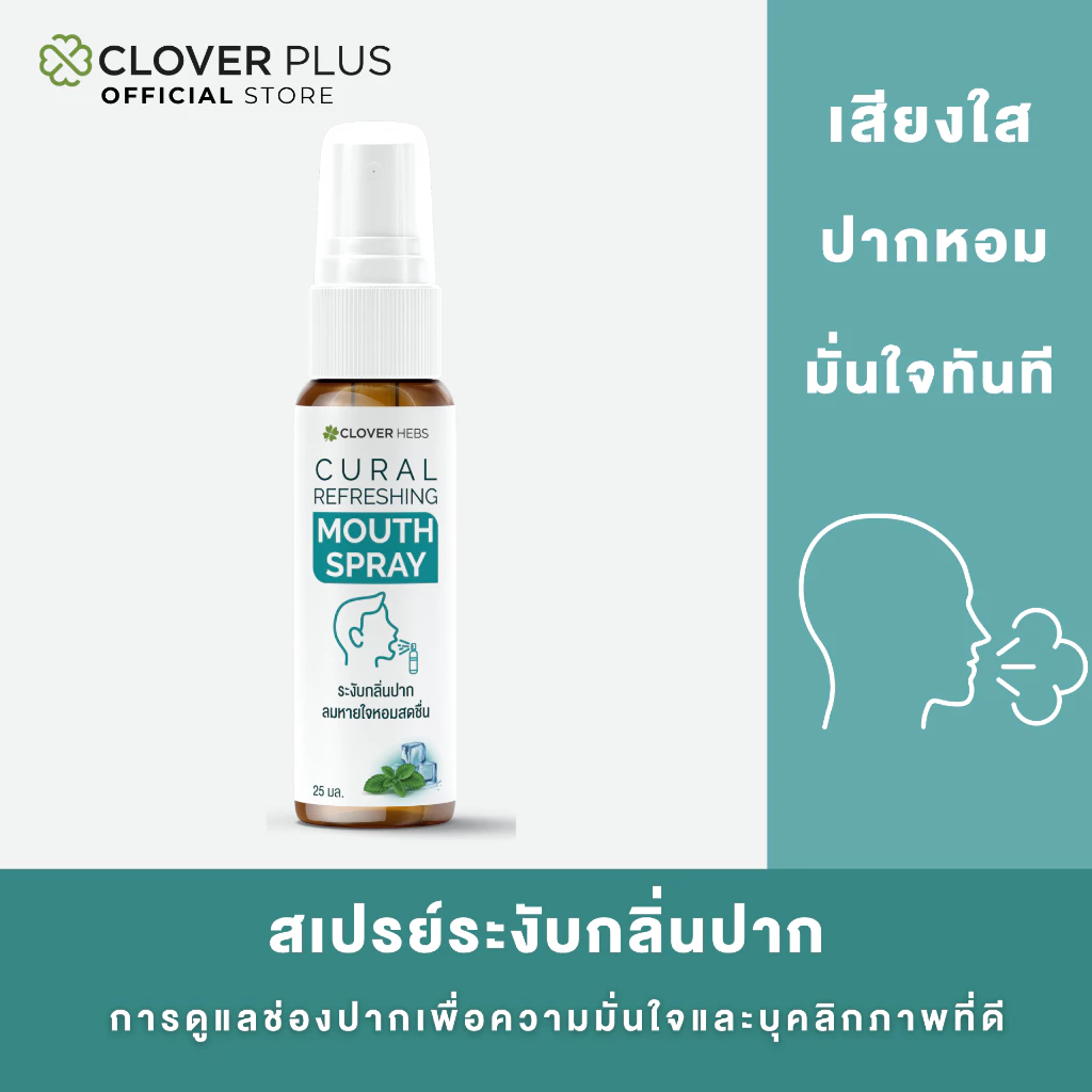 Clover Hebs By Clover Plus โคลเวอร์เฮิร์บ เมาท์สเปรย์ เปปเปอร์มิ้นท์ เมนทอล ลมหายใจหอมสดชื่น 25 ml.