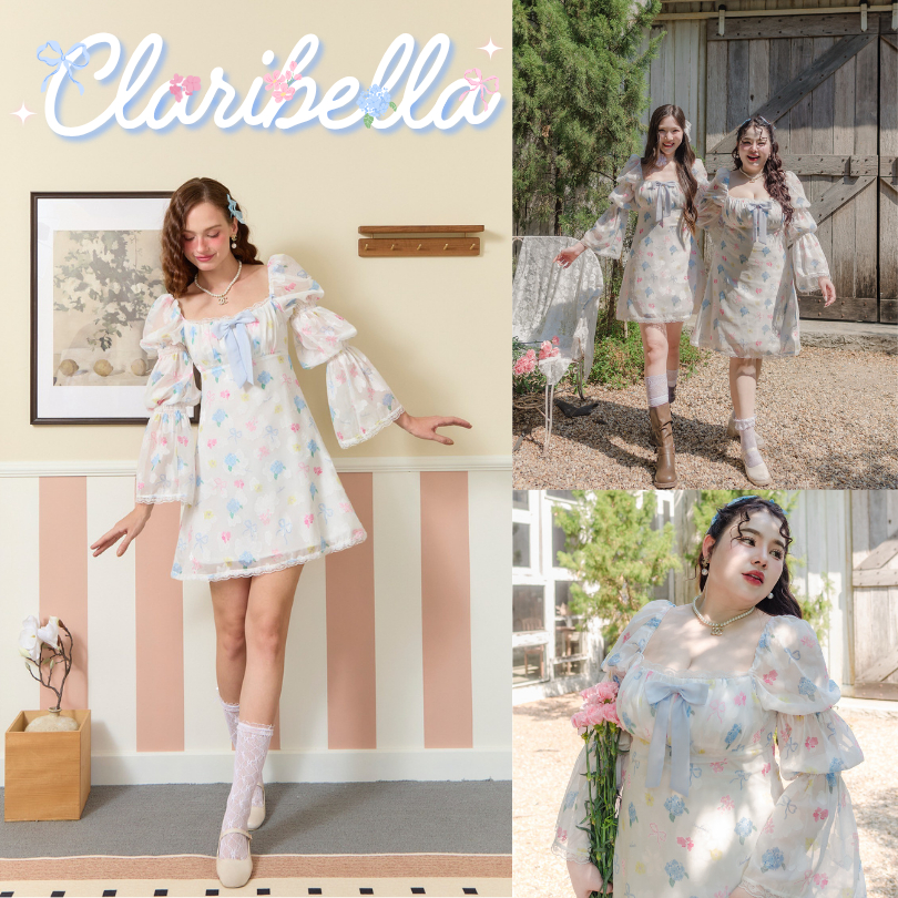 SOULMATE CLARIBELLA #SM2132  มินิเดรส พิมพ์ลายแขนยาวกุ๊นขอบลูกไม้+เข็มกลัดโบว์