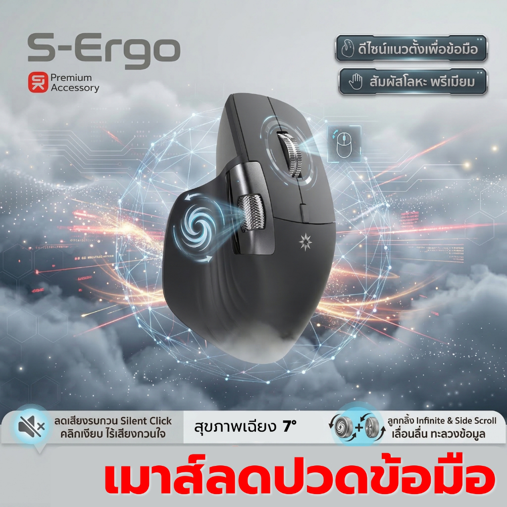 S-Ergo ErgoMouse Infinite เมาส์เพื่อสุขภาพ ลูกกลิ้ง Infinite & Side Scroll เชื่อมต่อ 3ไร้เสียงรบกวน