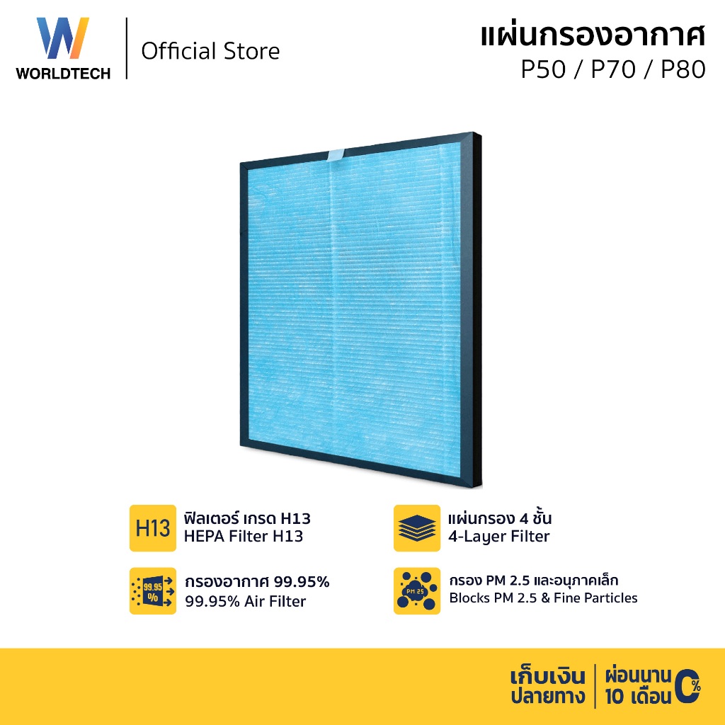 Worldtech ไส้กรองเครื่องฟอกอากาศ รุ่น WT-P80-Filter ตัวกรอง HEPA H13 4 ชั้น กรองฝุ่น ควัน PM 2.5