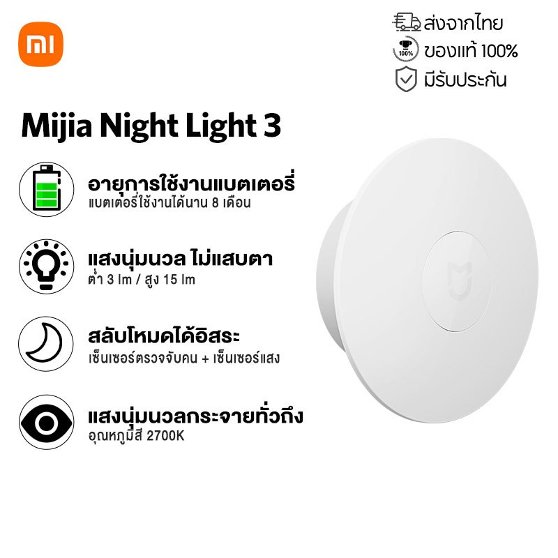 Mijia Night Light 3 ไฟกลางคืนอัตโนมัติ ไฟตรวจจับเคลื่อนไหว ชาร์จเต็ม 3 ชั่วโมง ปรับความสว่างได้