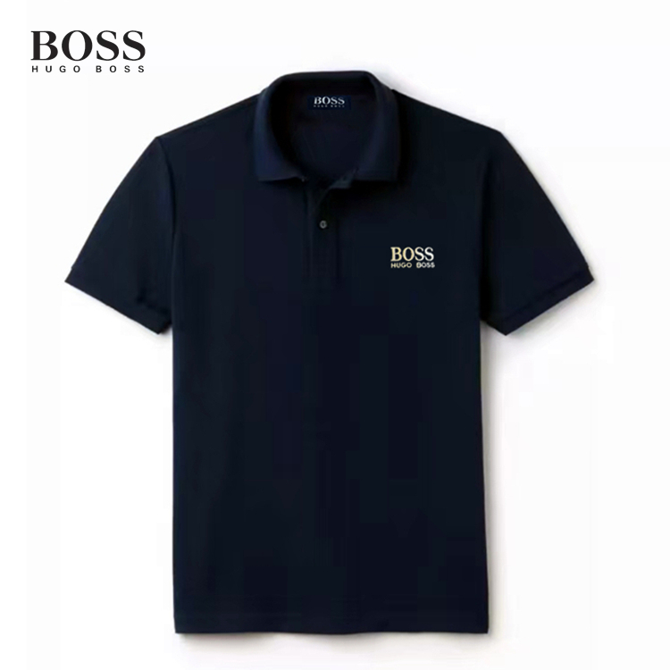 เสื้อโปโลผ้าฝ้าย（ BOSS ） แขนสั้น คอปก สไตล์เกาหลี สำหรับผู้ชาย สีพื้น/ลายทาง
