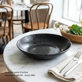 พาสต้า 9 นิ้ว {รุ่นหลุดคิวซี} สียีนส์ลายเส้นขอบตรง ceramics สามารถเข้าเครื่องล้างจานไมโครเวฟได้ปลอดภัย รับประกัน
