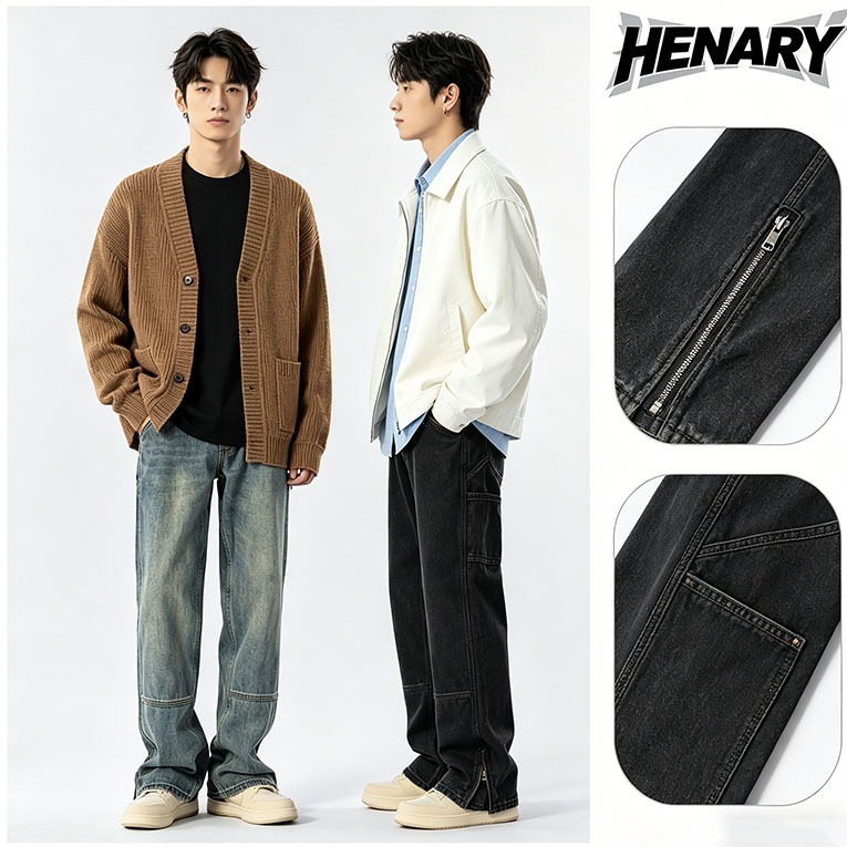 Henary กางเกงยีนส์ผู้ชาย สไตล์สตรีทฟัช ขากระบอก ทรงหลวมสบาย สีฟ้าอ่อน/สีดำ M-3XL