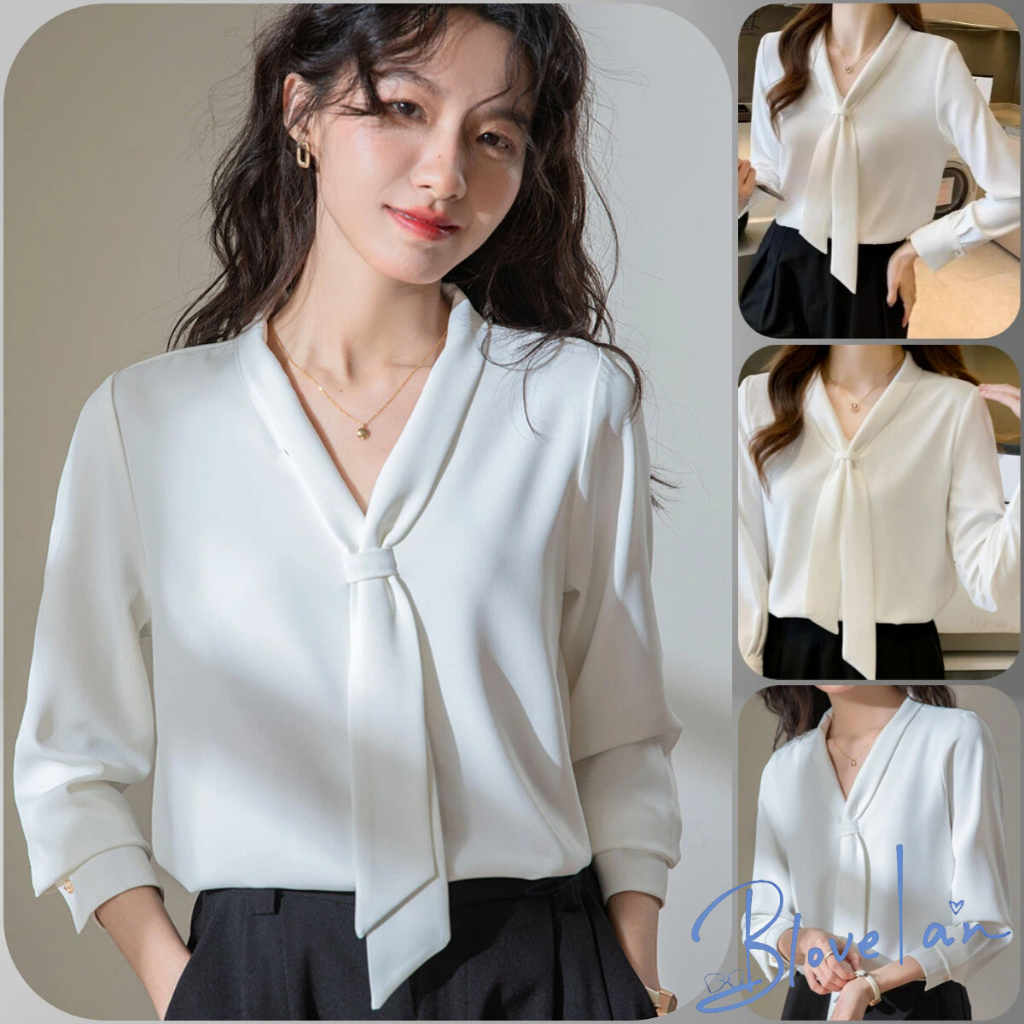 เสื้อเชิ้ตแขนยาวผ้าซาติน ริบบิ้น คอวี สไตล์ฝรั่งเศส แบบใหม่ เสื้อแฟชั่น ชุดทำงานสำหรับการเดินทางไปทำงาน