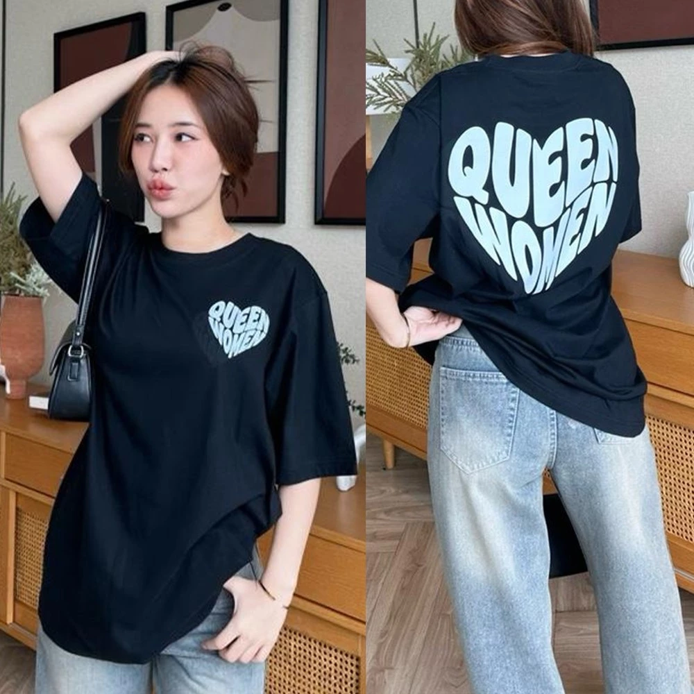 2026รุ่นใหม่ เสื้อยืดผ้าoversize สีดำขาว ทูโทน แขนสั้น ลายตัวอักษรหัวใจ สำหรับชายผู้หญิง 4.10