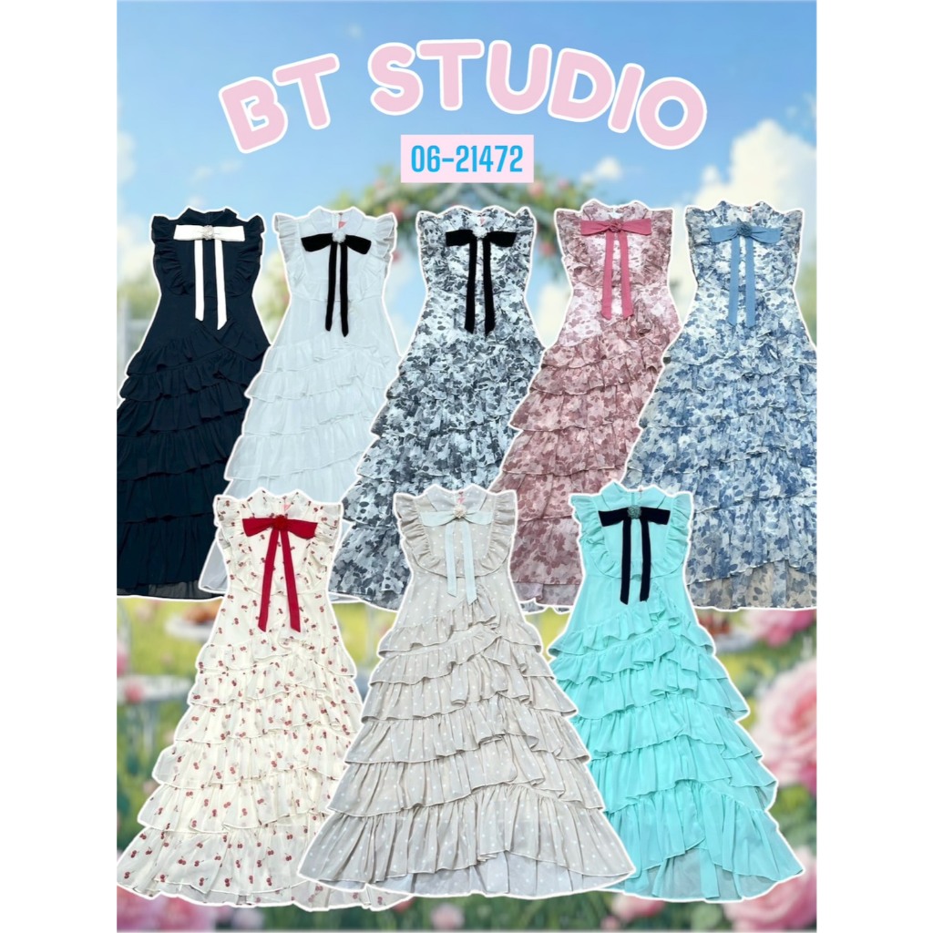 BT 06-21472 แม๊กซี่เดรสแขนกุดคอปกแต่งระบายช่วงแขน กระโปรงแต่งระบายเป็นชั้น มาพร้อมติดเข็มกลัดโบติดดอกไม้ มีซับใน