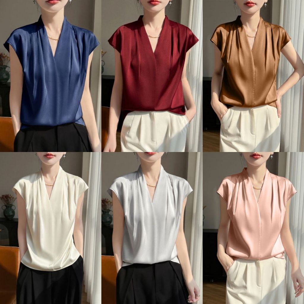 เสื้อเบลาส์จีบไหล่ บ่าเลย Satin ผู้หญิงสไตล์เกาหลี แขนสั้น คอวี ดีไซน์ทันสมัย อก32-44นิ้ว