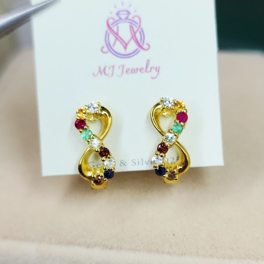 ต่างหูพลอยนพเก้า อินฟินิตี้ เสริมมงคล เสริมทรัพย์ เงินแท้ 92.5% พลอยแท้ทุกเม็ด