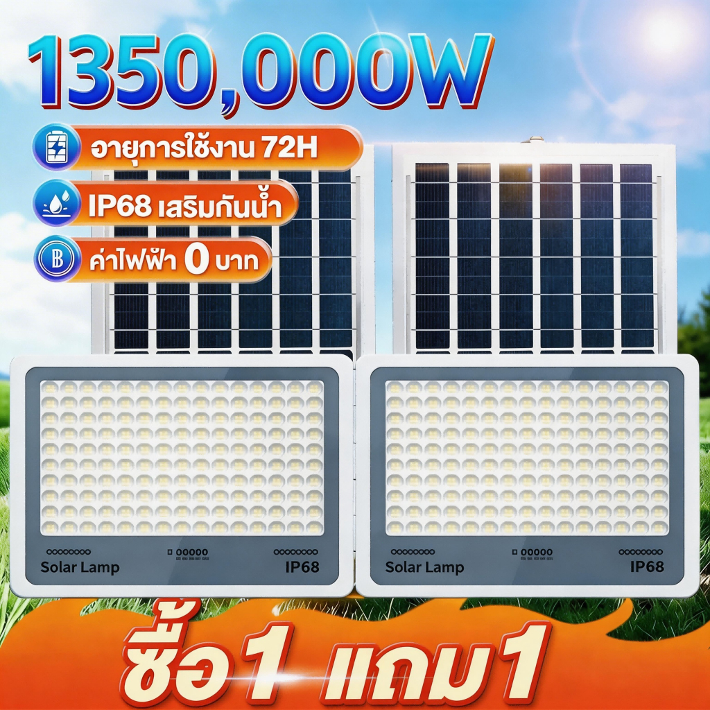 ซื้อ 1 แถม 1 ไฟโซล่าเซลล์ ไฟโซล่าเซล IP69กันน้ำ กันฟ้าผ่า โซลาร์เซลล์ Solar Light ไฟโซลาเซลล์ เซ็นเซอร์ พร้อมรีโ