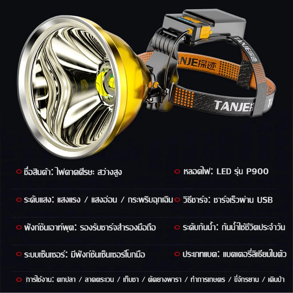 ไฟฉายคาดหัว P90 20000mAh ชาร์จได้ กันน้ำ thumbnail 10
