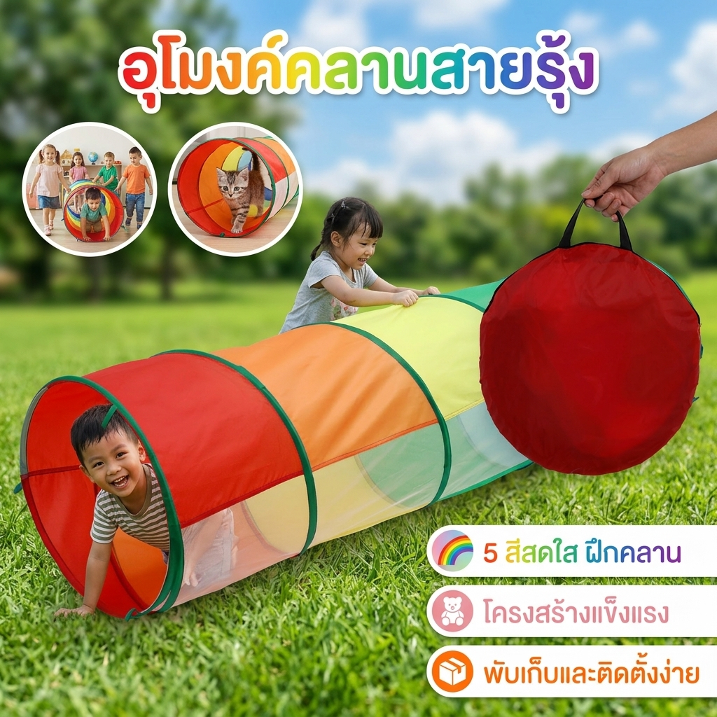 อุโมงค์คลานสำหรับเด็ก 6 ฟุต (180ซม.) พับเก็บได้ พร้อมหน้าต่างตาข่ายใส สีสันสดใส ช่วยส่งเสริมการพัฒนากล้ามเนื้อมัดใหญ่ของ