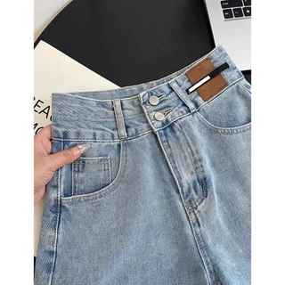 S~5XL A-line straight shorts Blue Black กางเกงขาสั้นเอวสูงดีไซน์กระดุมสองแถวสีน้ำเงินสุดเก๋ กางเกงยีนส์ขาสั้นทรงหลวม HOT