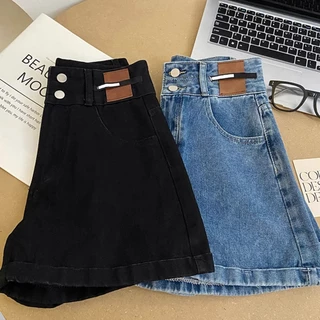 S~5XL A-line straight shorts Blue Black กางเกงขาสั้นเอวสูงดีไซน์กระดุมสองแถวสีน้ำเงินสุดเก๋ กางเกงยีนส์ขาสั้นทรงหลวม HOT