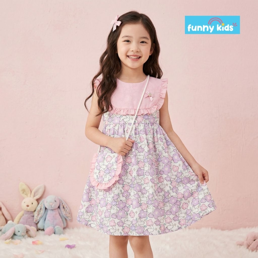 funny kids  ชุดเด็กผู้หญิง เดรสเด็กผู้หญิง แขนกุดปกระบายติดโบว์ มีซับใน แถมกระเป๋าสะพายเข้าเซ็ท เด็ก4-10ปี MF690012