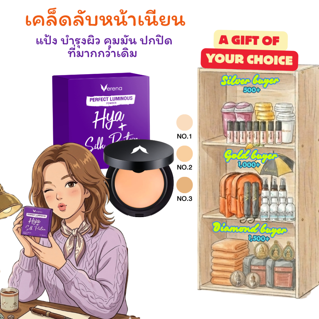 แป้งพัฟผสมไฮยาและโปรตีนใยไหม Verena Perfect Luminous powder (10 กรัม) 1 ตลับ