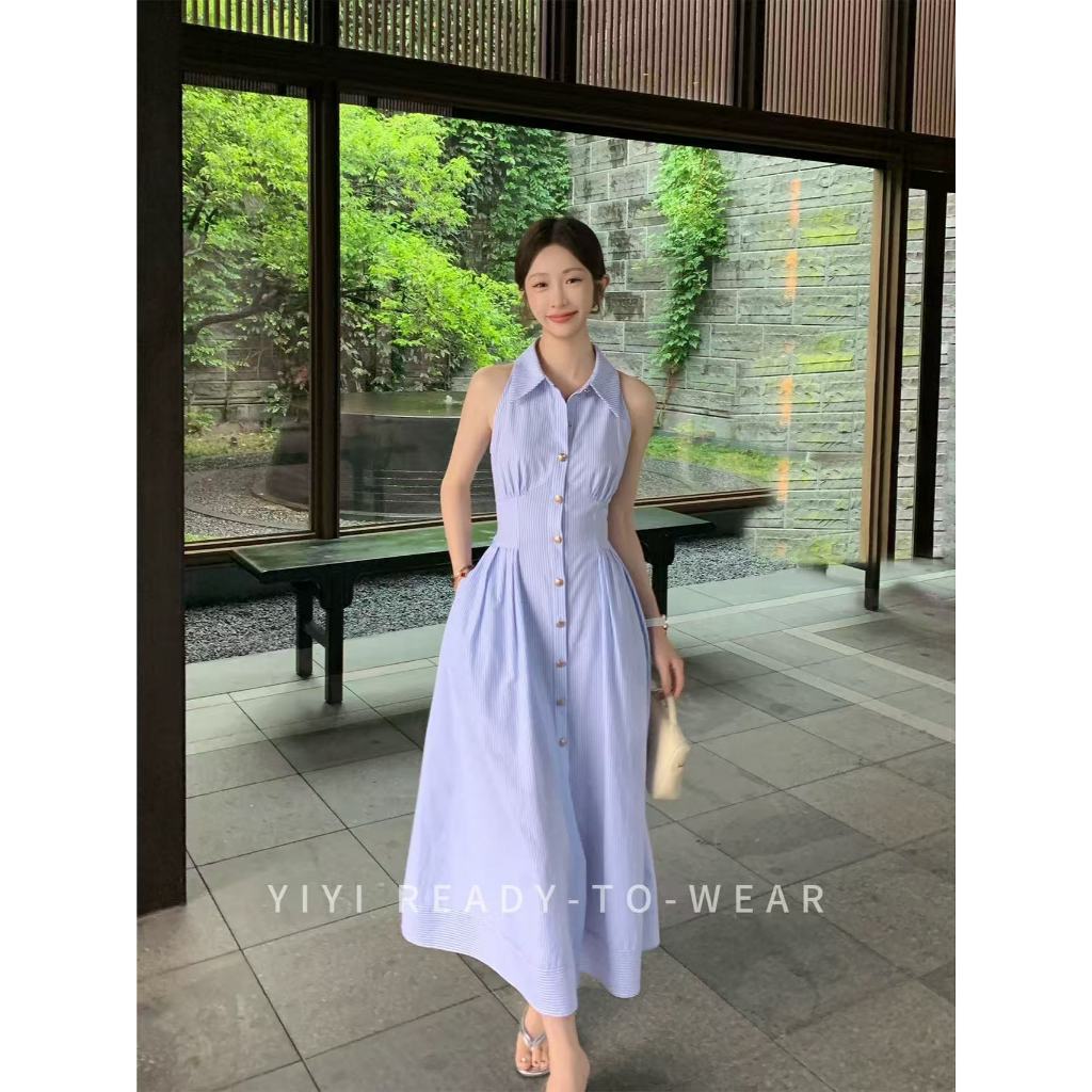 พร้อมส่ง เดรสเชิ้ตลายทางยาว สไตล์ฝรั่งเศสย้อนยุค เฮปเบิร์น ดีไซน์อ่อนไหล่เซ็กซี่ สง่างามหรูหรา คอลเลคชั่นใหม่ 2026 ฤดูใบ