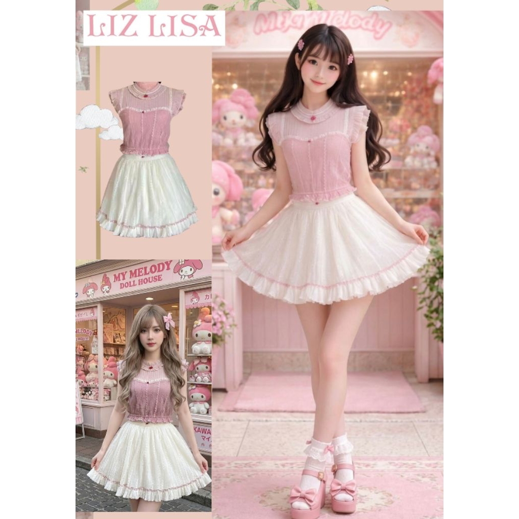 เซต แบรนด์ Lizlisa มือ 1 ของใหม่ เสื้อชมพูแขนระบาย กระโปรงสีขาวมีซับในหลายชั้น มีโบผูกหลัง 😘💕แบรนด์ญ