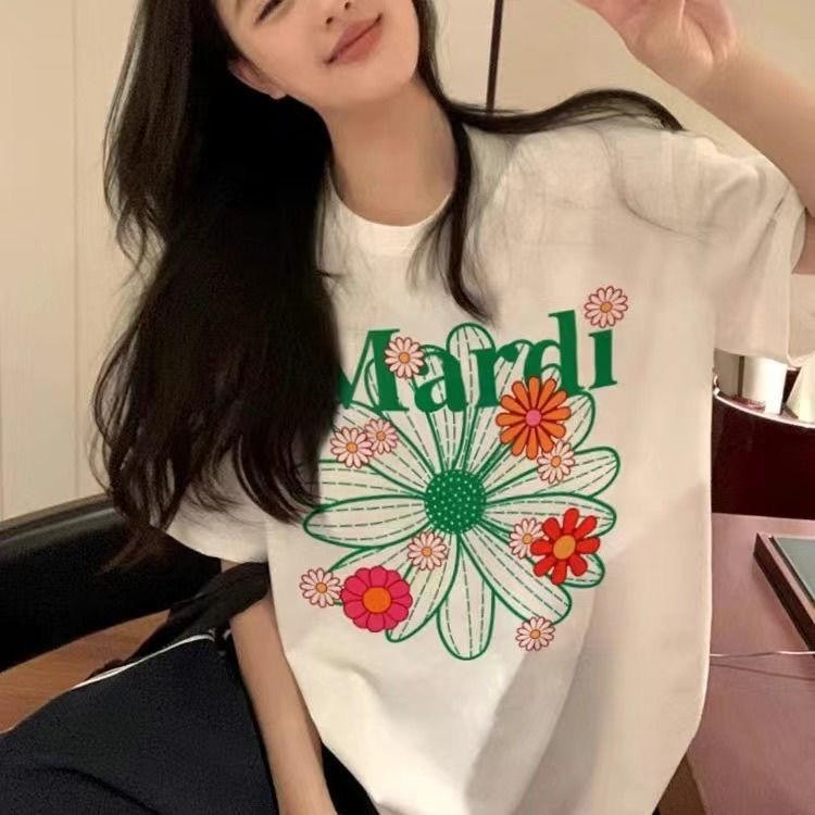 เกาหลี ผ้าฝ้าย100% เสื้อยืดแขนสั้น Oversize CMDXY5709 ผู้ชาย ผู้หญิง ลายทาง ตัวอักษร การ์ตูน หลวม ฤดูร้อน ฤดูใบไม้ผลิ
