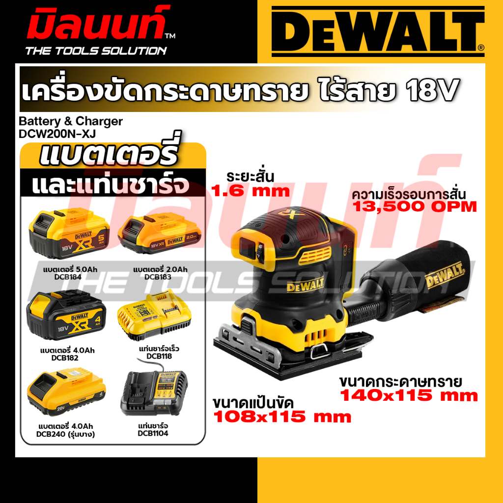 DEWALT - DCW200N-XJ เครื่องขัดกระดาษทรายไร้สาย ไร้แปรงถ่าน 18V(20V Max) พร้อมแบตเตอรี่ และ แท่นชาร์จ
