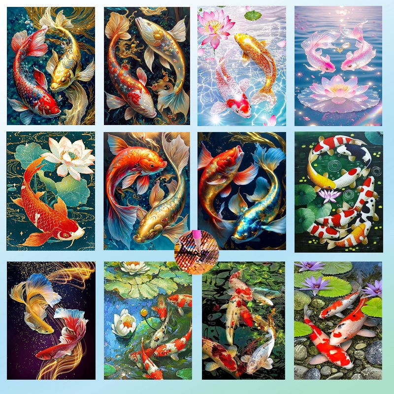 Diamond Painting 5D DIY FISH ปลา มงคล ครอสติสคริสตัล 5 มิติ ปักครอสติส ภาพติดเพชร ขนาด WxH 30x40 cm.