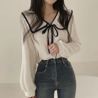 เสื้อเชิ้ตแขนยาวคอปกผูกโบว์น่ารัก เสื้อเชิ้ตคอตุ๊กตาสีเบจผูกโปว์แขนยาว ใหม่ เสื้อผ้าแฟชั่นเกาหลีผู้หญิง เก๋ ระดับไฮเอนด์