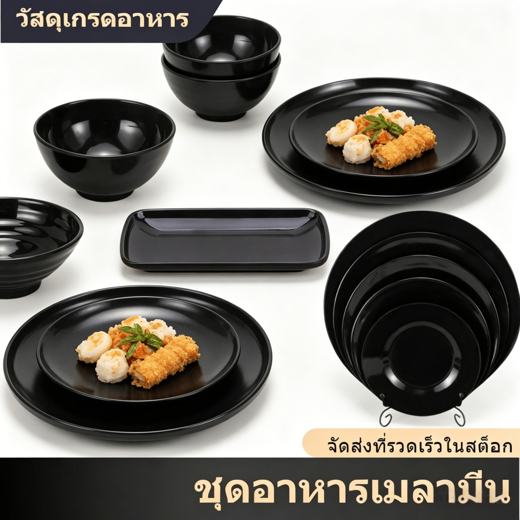 【สต็อกกรุงเทพ】 ชุดเมลามีนเกรดอาหาร 5A สีดำ ชามและจาน ชุดภาชนะสำหรับใช้ในร้านอาหาร ประกอบด้วย ชามก๋วยเตี๋ยว ชามข้าว จานอา