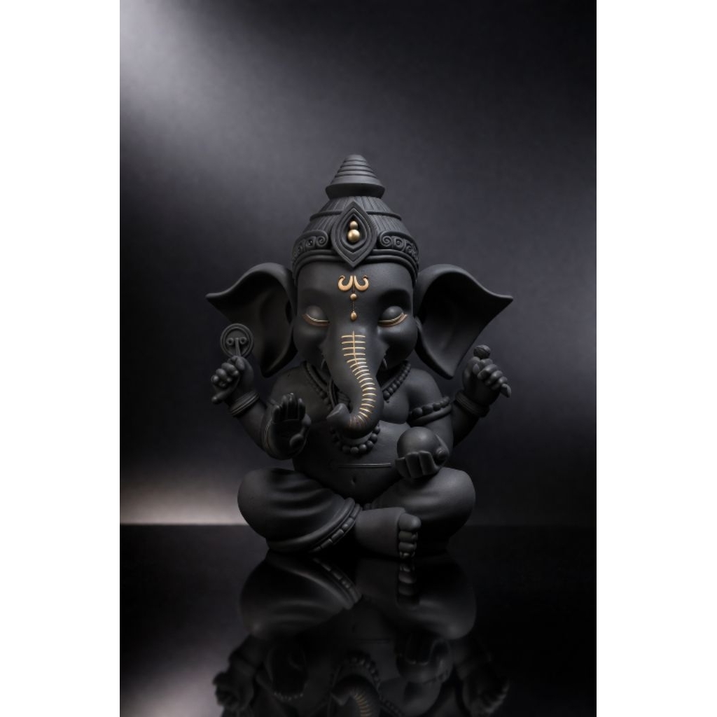 พระพิฆเนศเด็ก Matte Black ปางประทานพร | รุ่นพรีเมียม แต้มทองคำเปลวจากเทวลัยอินเดีย