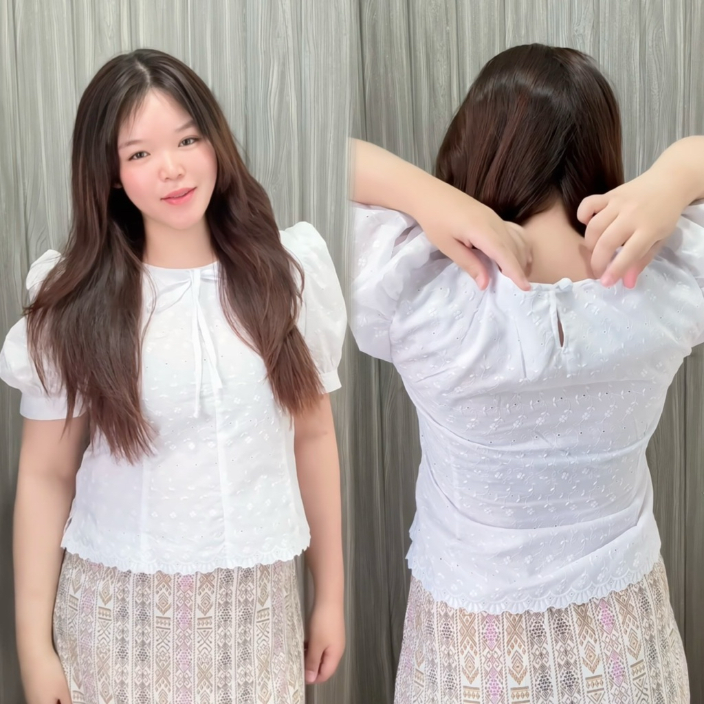 เสื้อลูกไม้ฉลุผูกโบว์หน้าแขนตุ๊กตากระดุมหลัง งานน่ารักขายดี