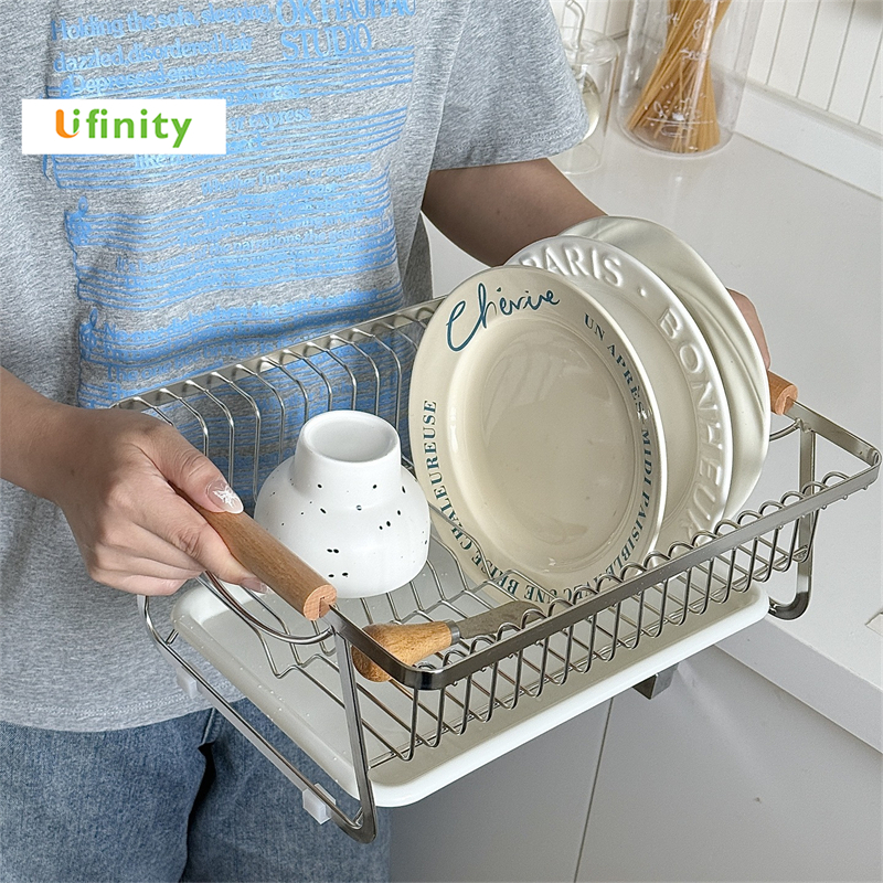 Lifinity ชั้นวางจานสแตนเลส พร้อมด้ามจับไม้และถาดน้ำแบบถอดได้ ชั้นวางในครัว
