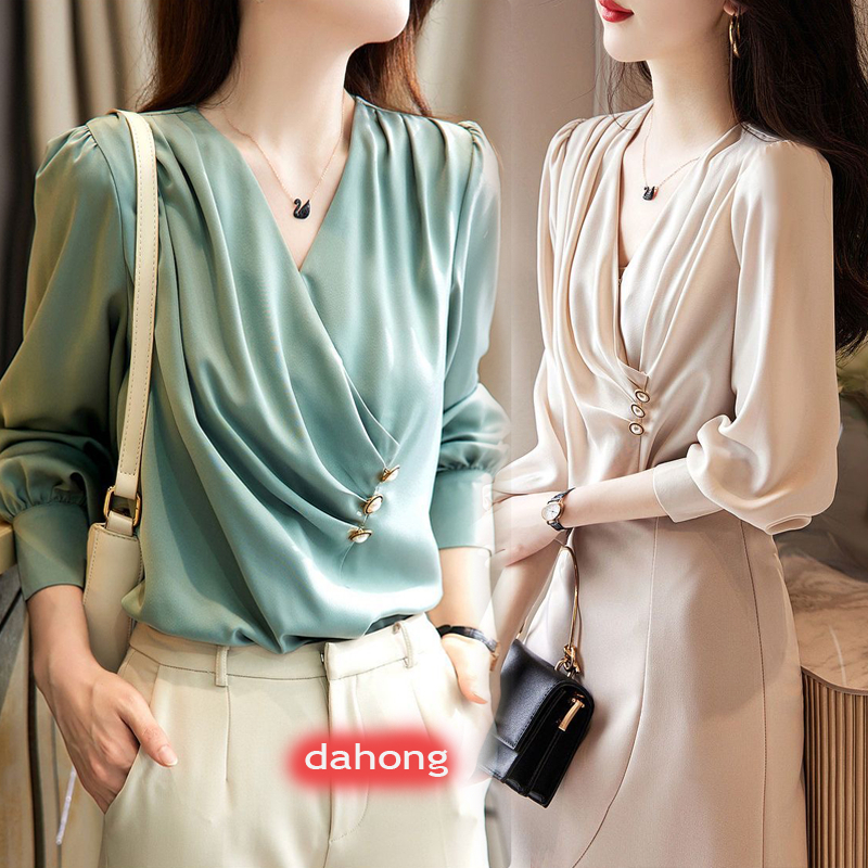 Dahong W713  เสื้อเชิ้ตผ้าซาตินหรูหราสำหรับผู้หญิง ทรงหลวม คอปก เรียบหรู สไตล์มินิมอล แมทช์ง่าย ใส่ทำงาน
