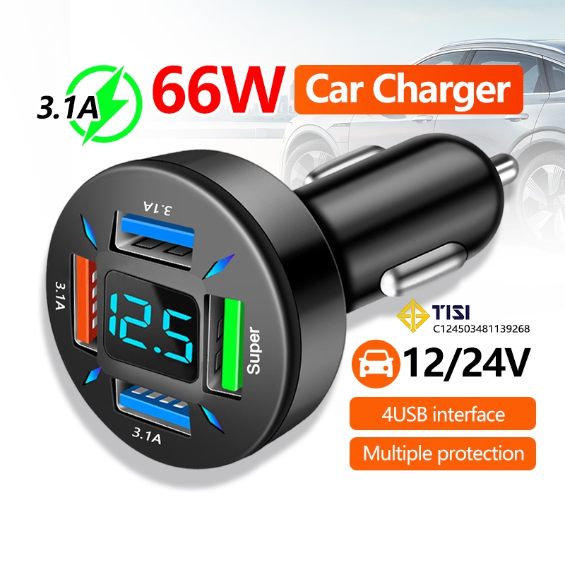 ที่ชาร์จในรถยนต์ 4 พอร์ต ที่ชาร์จแบตในรถ USB 66W