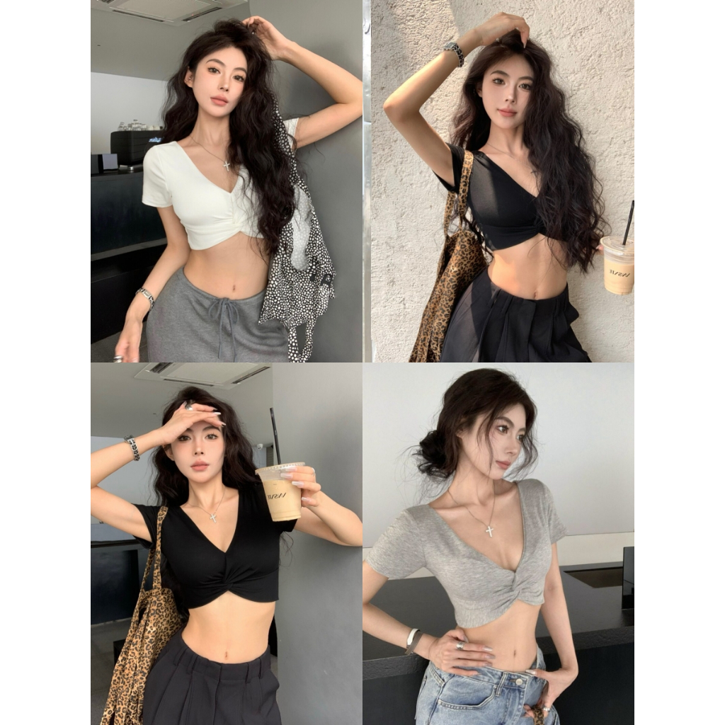 เสื้อยืดผู้หญิง ครอปผ้าร่องเด้ง คอV สไตล์สวยเซ็กซี่ ใส่สบาย ดูผอม สไตล์เกลหลี