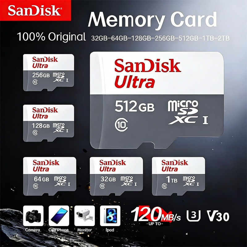 SanDisk Ultra Micro SDXC 128GB 256GB 512GB 1TB SD Card Class 10 UHS-l Memory Card- NEW MODEL 120MB/s High Speed