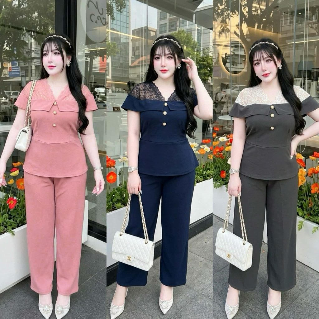 ชุดเซ็ทขายาว ใส่ออกงาน ผ้ายืดวูลเวฟแต่งลูกไม้คลุมไหล่ ไซส์ใหญ่ อก48-56สำหรับสาวอวบอ้วนใส่งานบุญ งานแต่ง