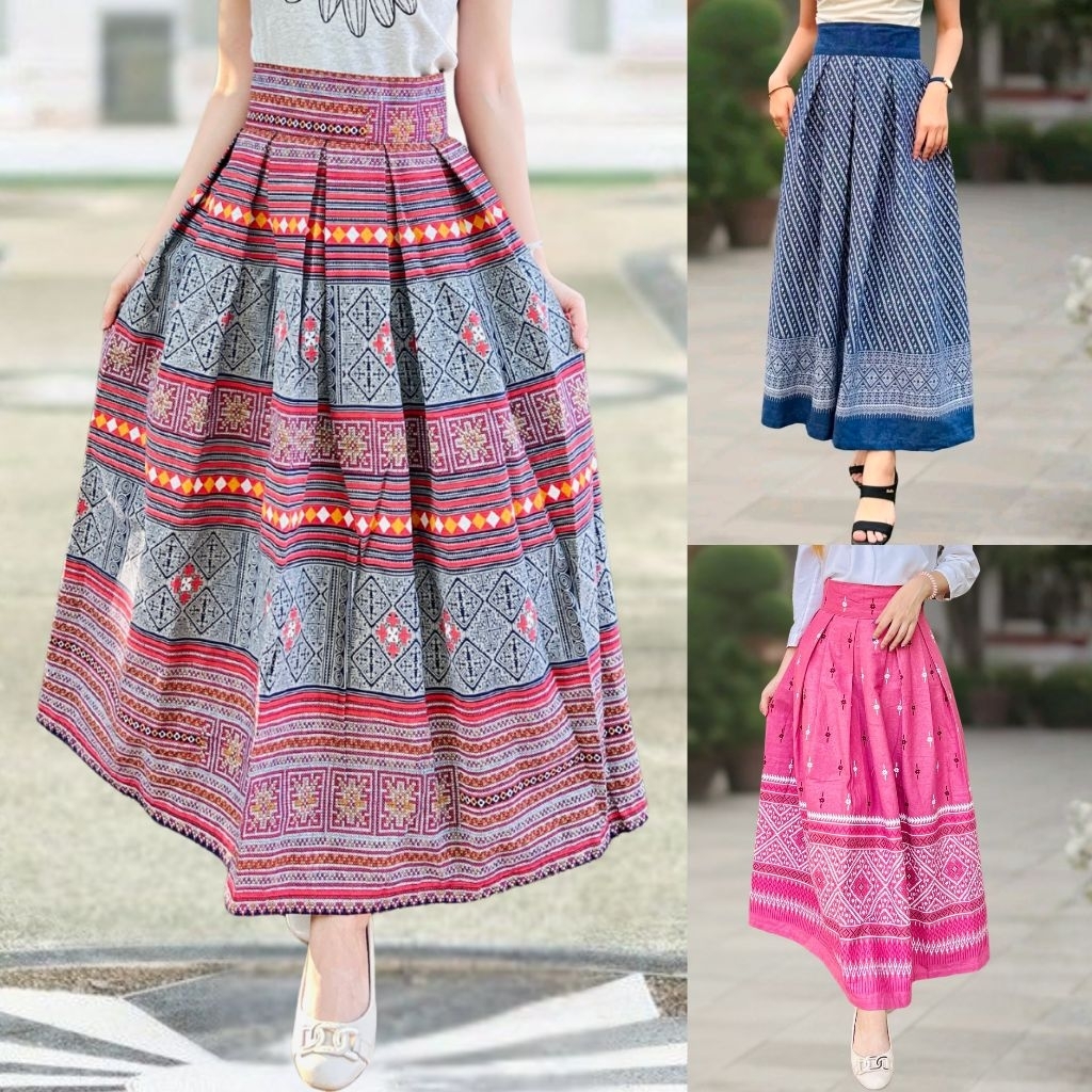 กระโปรงจีบทวิส New!! เอวตามไซส์ไม่ใส่ยางยืด ไม่สม็อค ผ้าฝ้ายพิมพ์ลาย ผ้าไทย ไม่อัดกาว