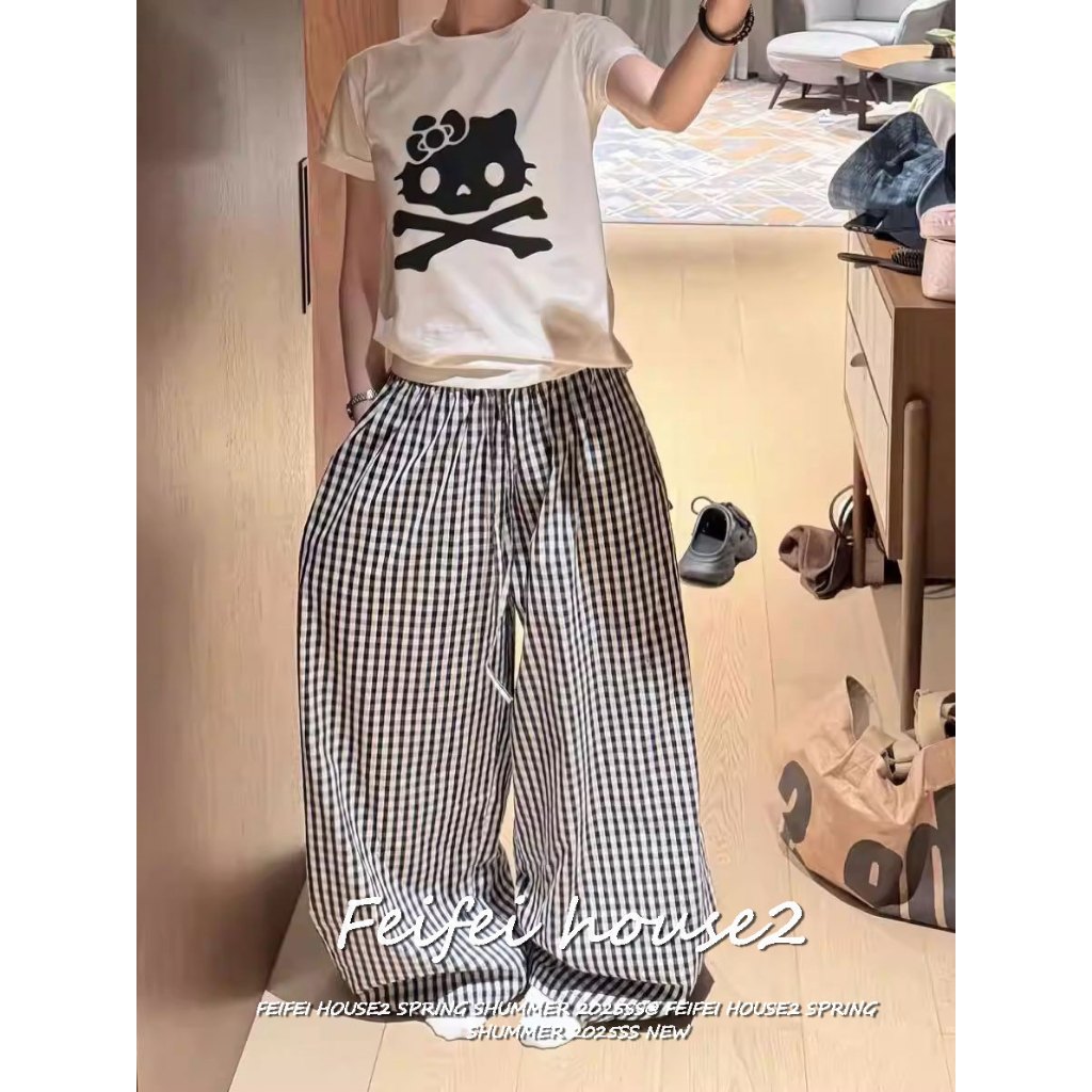 [Casual color-blocked plaid trousers]กางเกงขายาวสตรีสไตล์สบายลายริ้วลายสก๊อตหลวมสวมใส่ได้ทุกชุด