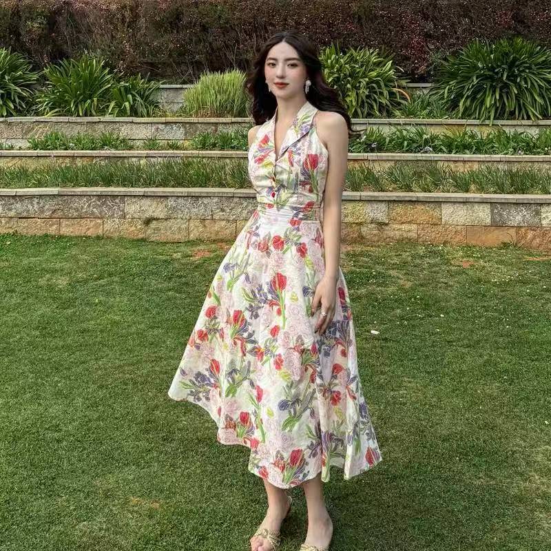 เดรสยาว คอวี สไตล์ฝรั่งเศส วินเทจ ลายดอกไม้ ไม่มีแขน ปิดเอว ทัดตัว ทรงสวย ผู้หญิง ฤดูร้อน