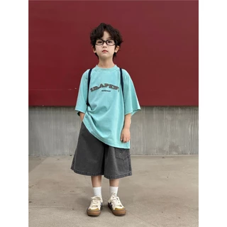 [ส่งไวจากไทย] *แค่เสื้อ*เสื้อยืดแขนสั้นเด็กชาย เสื้อคอกลม งานปักช่วงอก ทรงโอเวอร์ไซส์ เท่ๆ สไตล์เกาหลี เหมาะสำหรับ3-12ปี